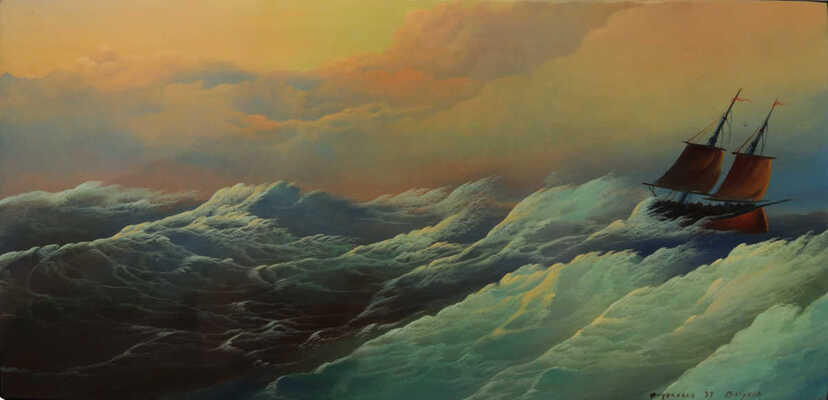 Обухов В.(Федоскино). Морской пейзаж с парусником